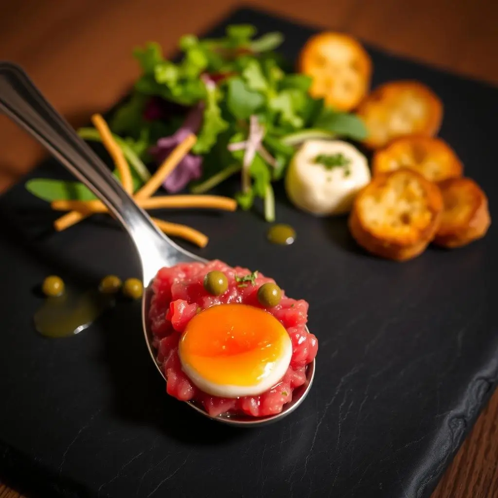 Classic steak tartare served with toasted baguette slices and a side of Dijon mustard.