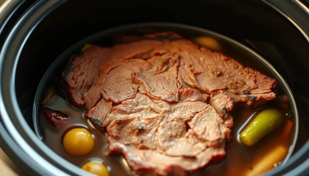 Classic corned beef cooked in a slow cooker, paired with mustard and fresh herbs.