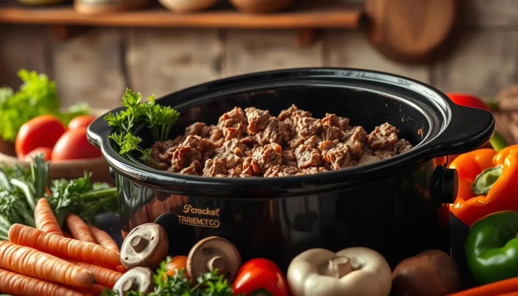 Slow-cooked ground beef and pasta casserole topped with melted cheese and fresh herbs.