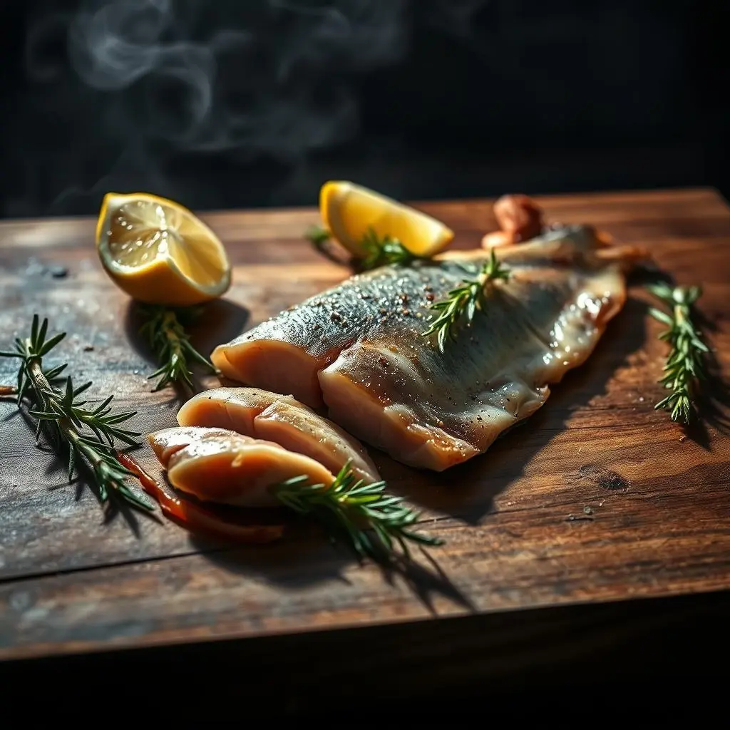 Flaky and tender smoked trout paired with a side of roasted vegetables and a drizzle of olive oil.