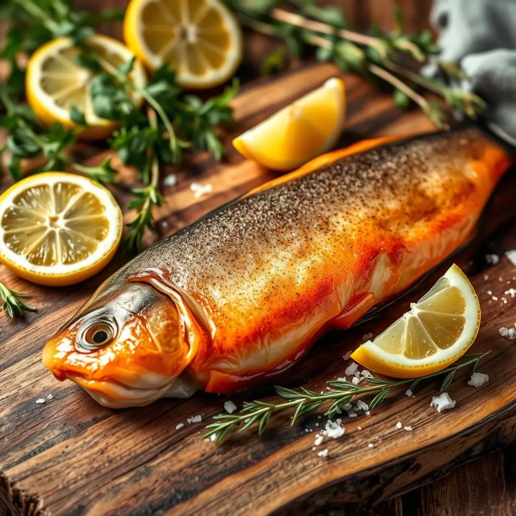 Perfectly smoked trout fillet with a golden-brown crust, garnished with fresh herbs and lemon slices.