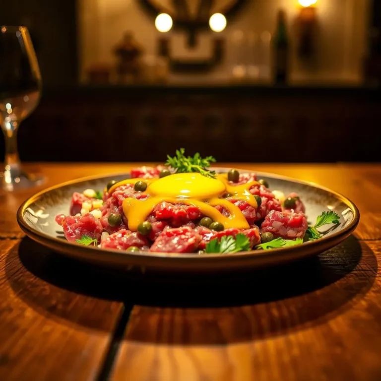 Elegant steak tartare plated with a raw egg yolk on top, garnished with capers and fresh herbs.