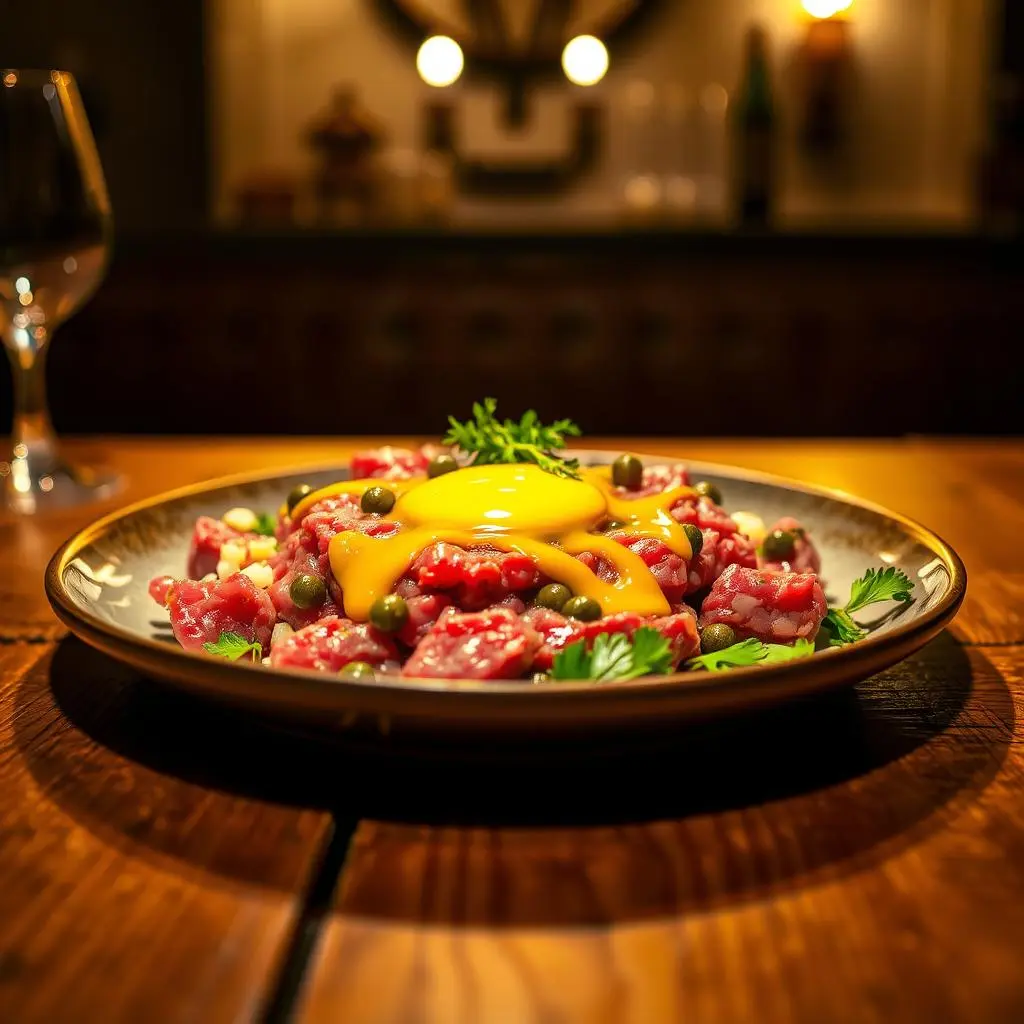 Elegant steak tartare plated with a raw egg yolk on top, garnished with capers and fresh herbs.