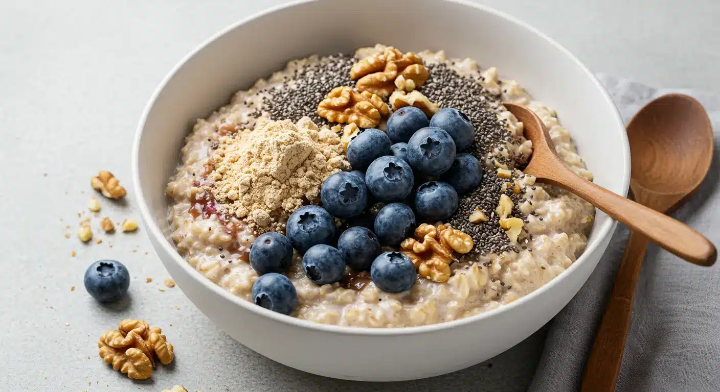 Get energized with high protein overnight oats topped with fresh fruit, nuts, and seeds