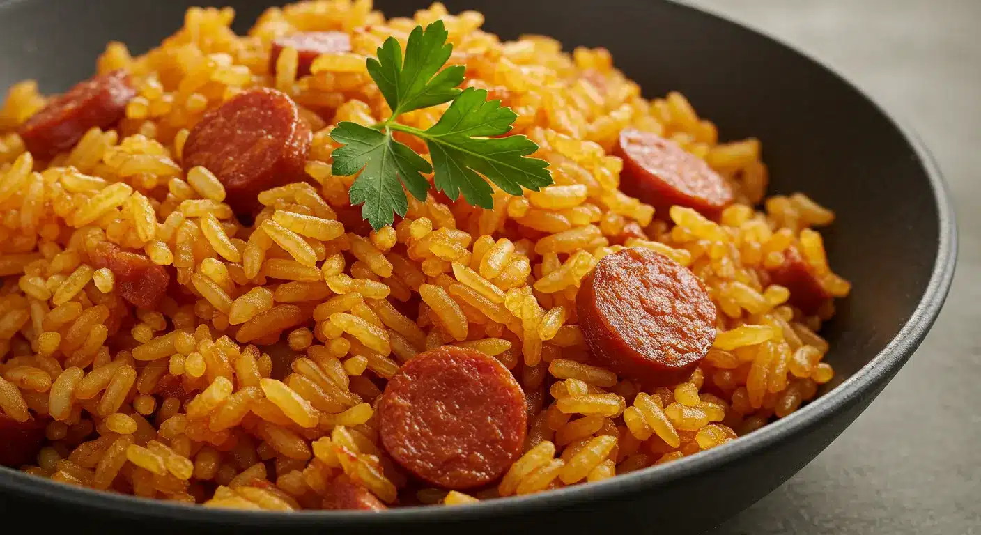 Authentic Spanish rice cooked in a skillet with tomato sauce, garlic, onions, and spices for rich flavor