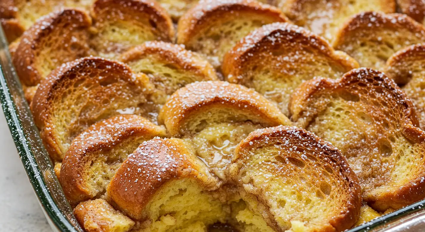 Delicious Brioche French Toast Casserole topped with powdered sugar and fresh berries