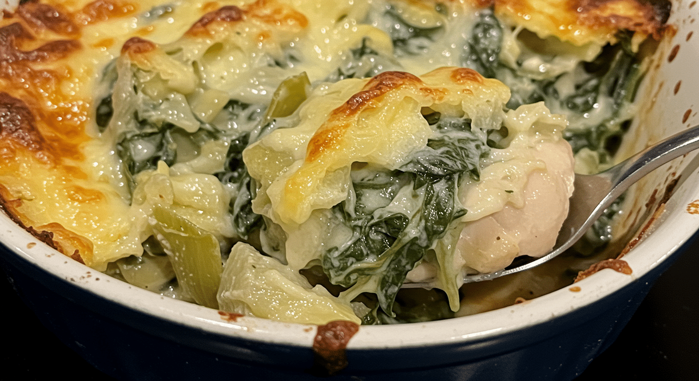 Chicken bake with creamy spinach artichoke filling, baked to golden perfection for a rich, savory dinner