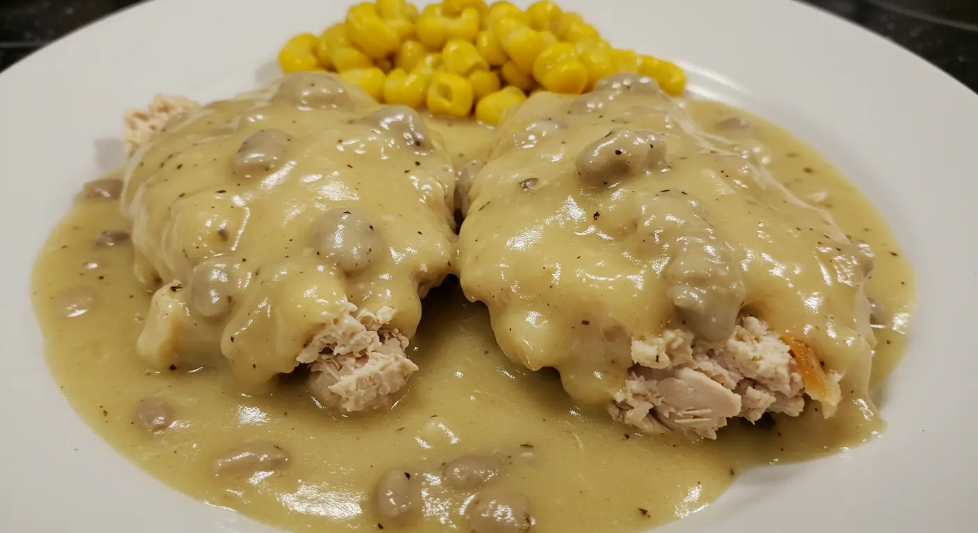 Chicken and gravy served over creamy mashed potatoes for a classic, comforting dinner