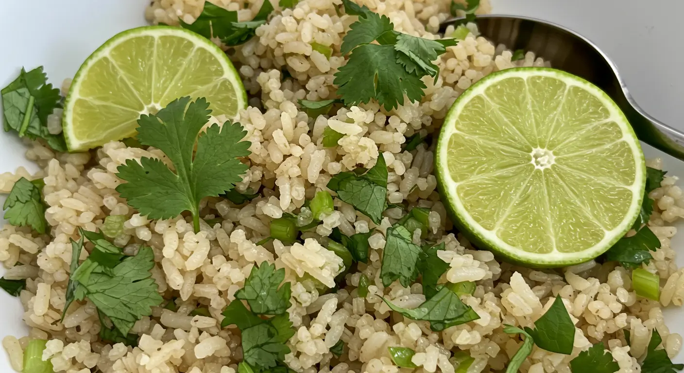 Cilantro lime rice in a rice cooker, perfectly fluffy and infused with fresh lime juice and chopped cilantro