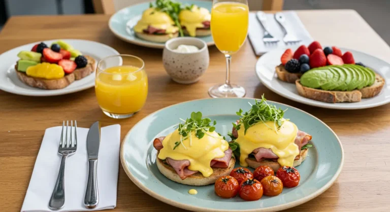 Florentine Benedict with poached eggs, sautéed spinach, and creamy hollandaise sauce on an English muffin