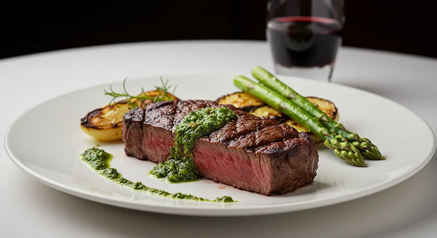 "Juicy Grilled Hanger Steak sliced and served with chimichurri sauce on a wooden board