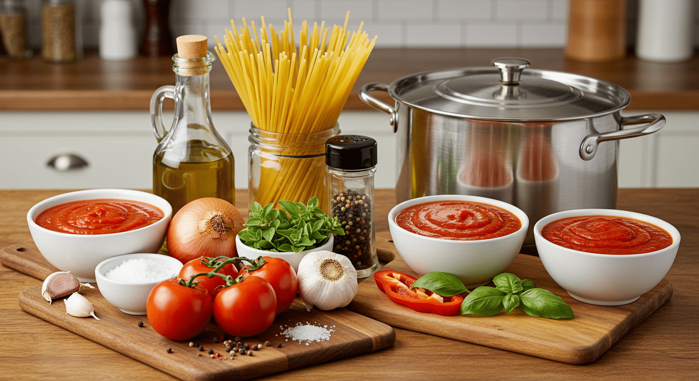 Jars of Homemade Canned Spaghetti Sauce with fresh tomatoes, garlic, and basil