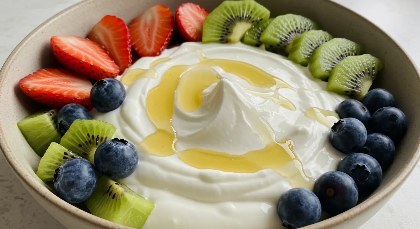 Creamy yogurt fruit dip served with fresh strawberries and blueberries on a platter