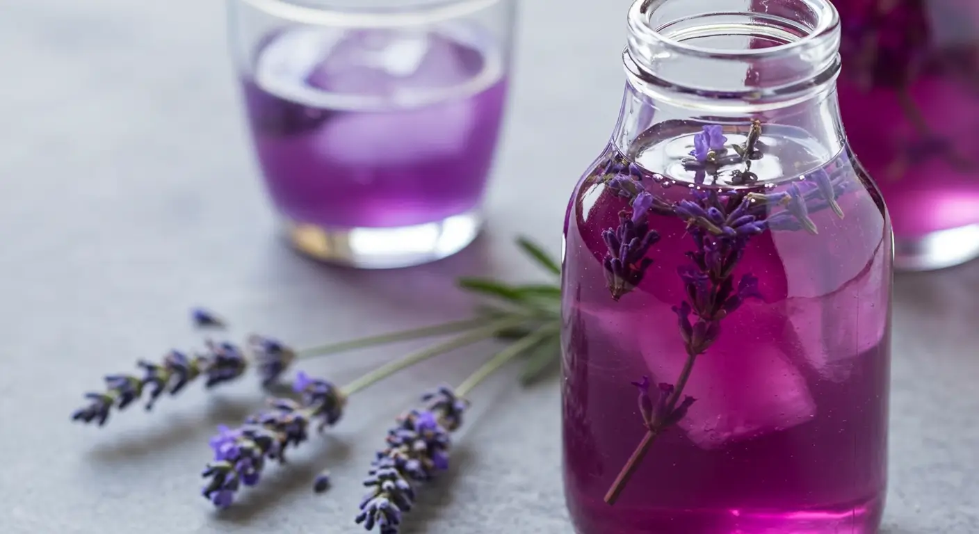 Lavender simple syrup in a clear glass bottle with a sprig of dried lavender for a floral touch