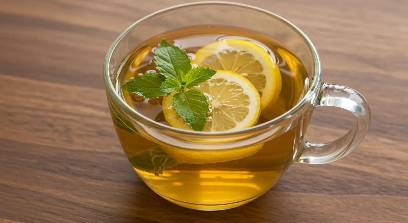 Freshly brewed Lemon Balm Tea in a clear glass cup with lemon slices and herbs