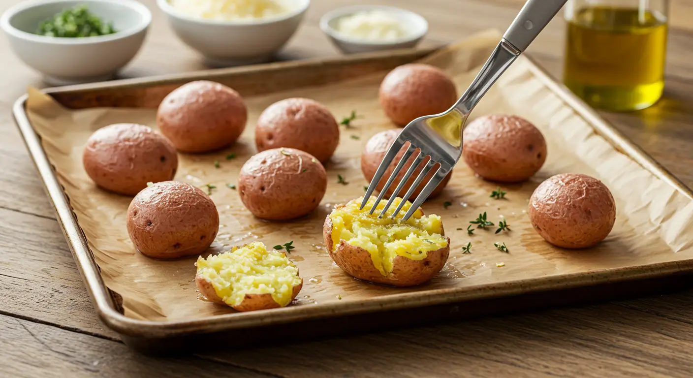 Crispy Parmesan Smashed Potatoes baked to golden perfection and topped with fresh herbs