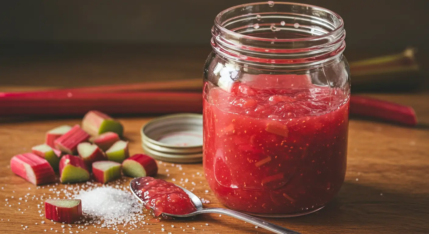 Rhubarb jam in a glass jar with a vibrant pink color and fresh fruit flavor