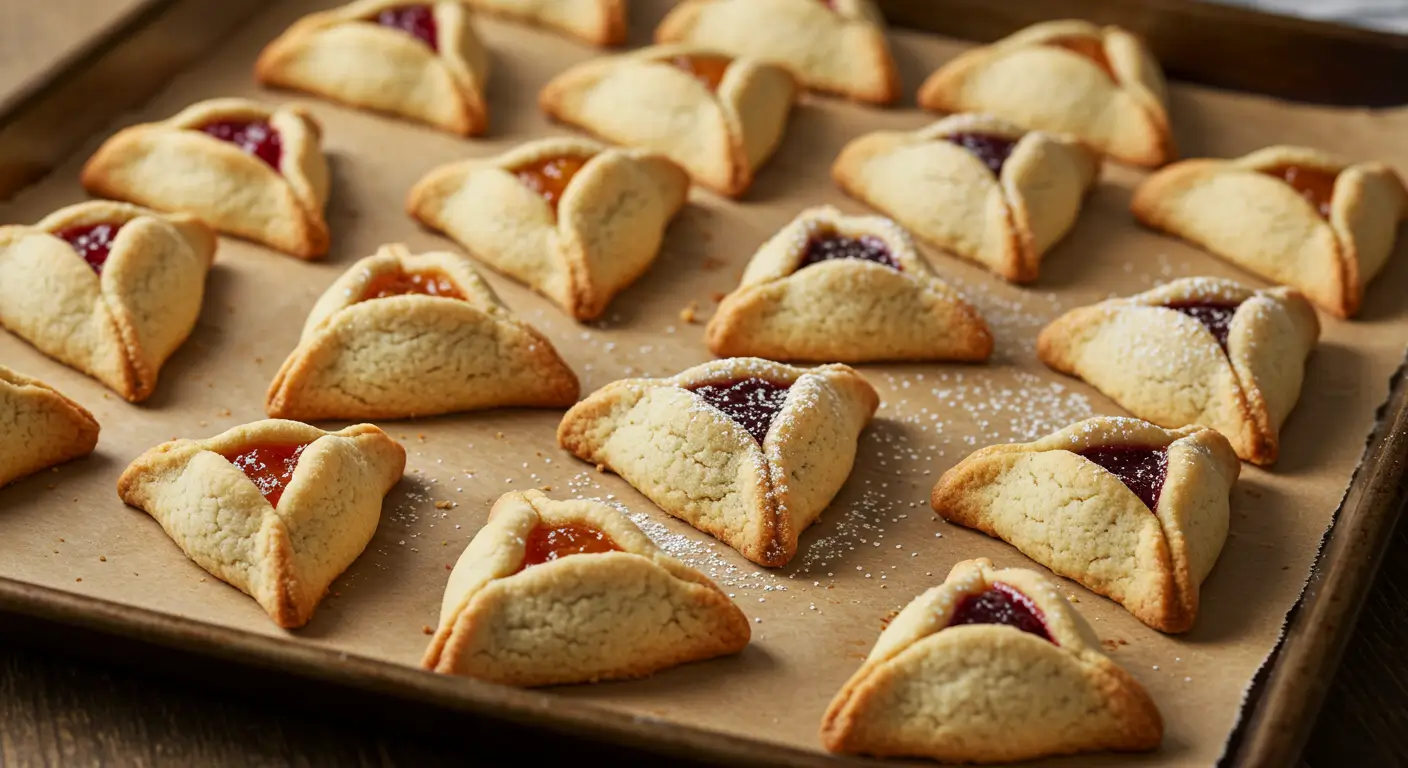 Freshly baked gluten-free hamantaschen filled with raspberry jam and dusted with powdered sugar