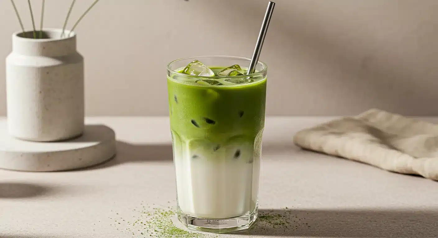 Refreshing iced vanilla matcha latte served in a glass with ice and a splash of milk