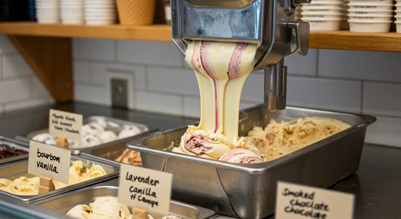 Artisan Journeyman Ice Cream scoops served in a waffle cone with unique flavor swirls