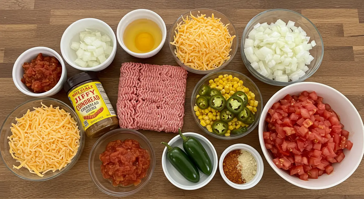 Delicious Mexican Cornbread Casserole topped with melted cheese and jalapeños