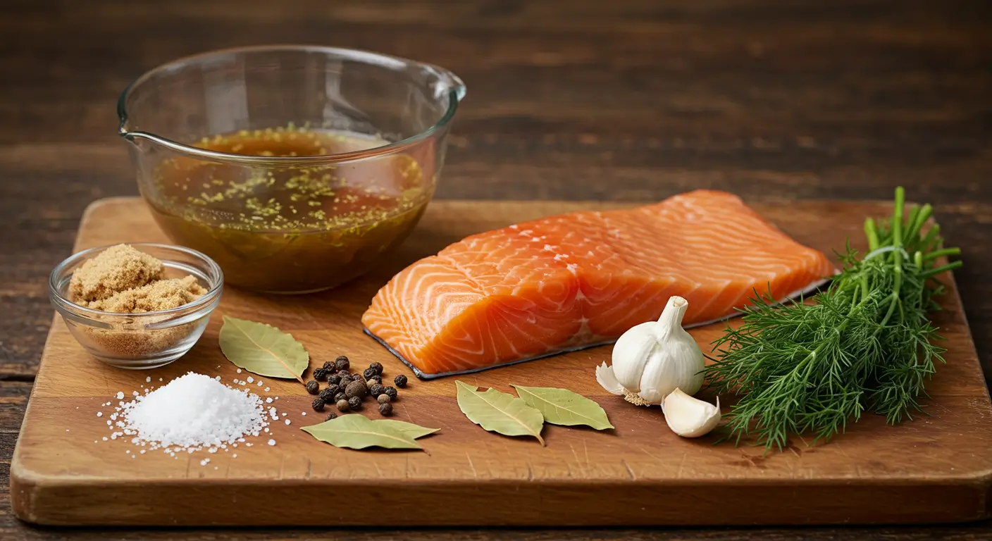 Smoked Salmon Brine ingredients including salt, brown sugar, and fresh dill in a bowl
