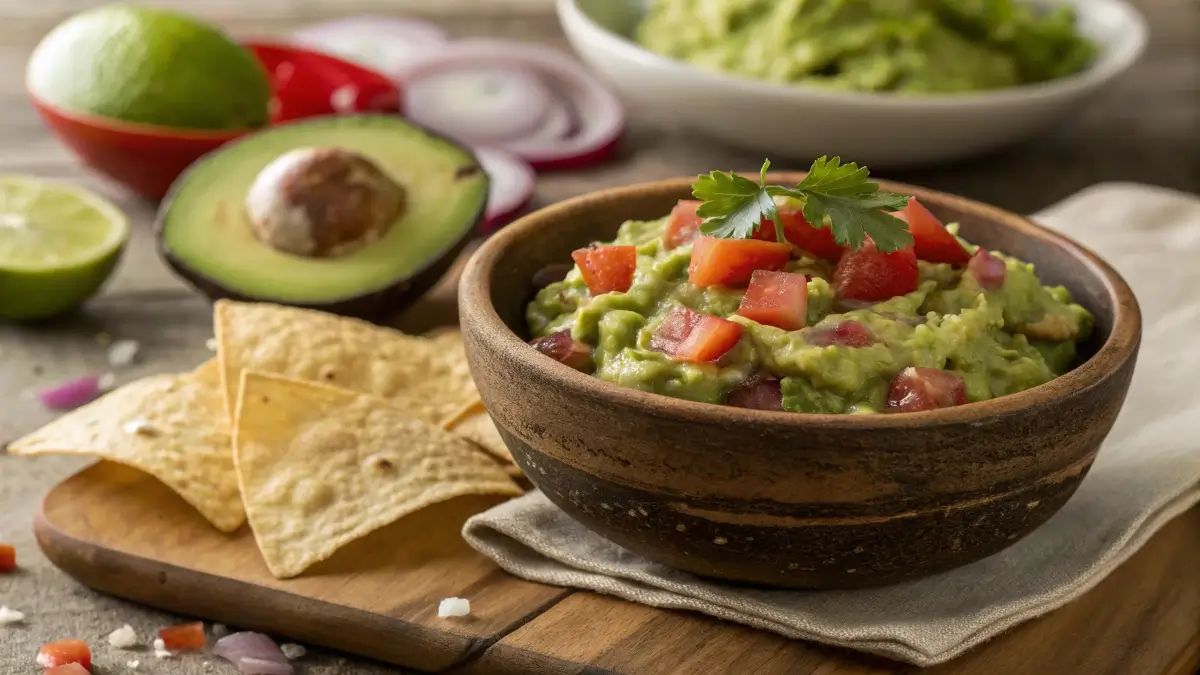 5 ingredient guacamole recipe in rustic bowl