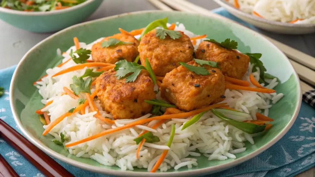 Bang Bang Salmon Bites served with rice and slaw