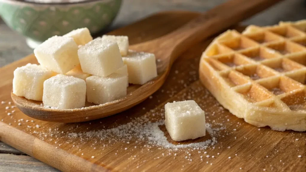 Belgian pearl sugar next to waffle dough