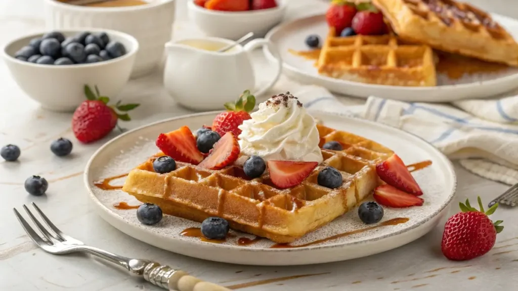 Belgian sugar waffles with fruit and whipped cream