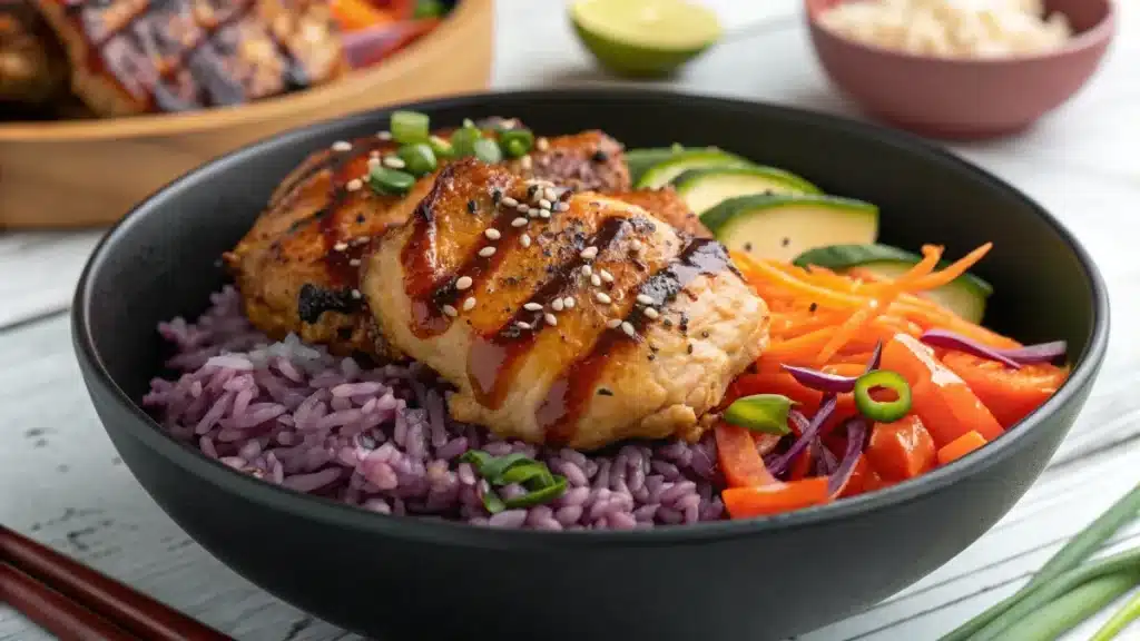 bibibop chicken marinade recipe with purple rice bowl
