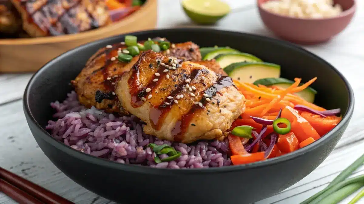 bibibop chicken marinade recipe with purple rice bowl