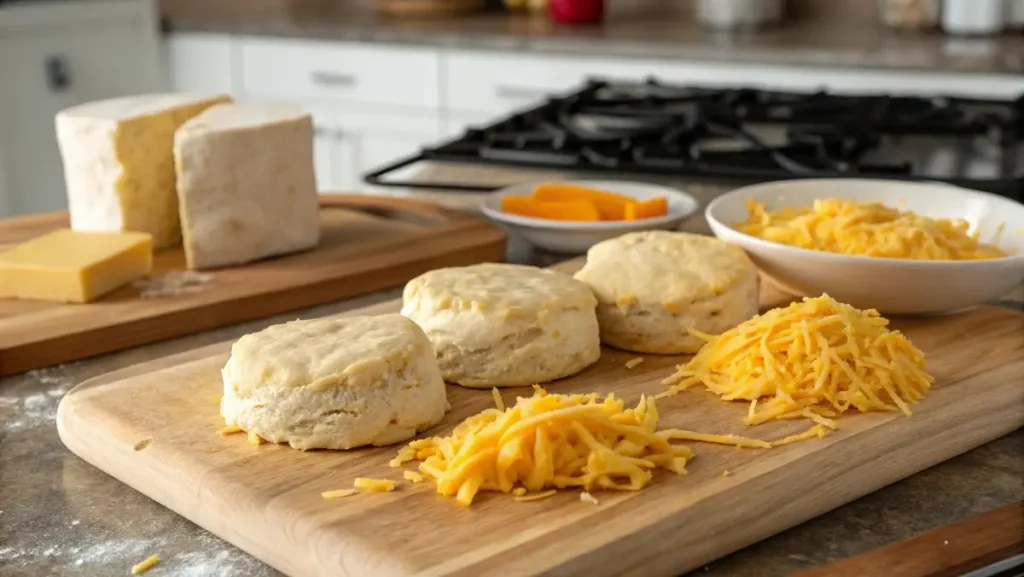 Raw biscuit dough and cheddar cheese for biscuit egg cheese casserole