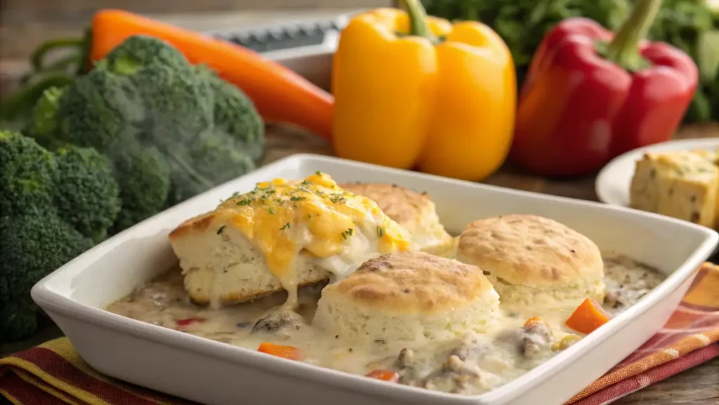 Biscuits and gravy casserole with cheese and eggs