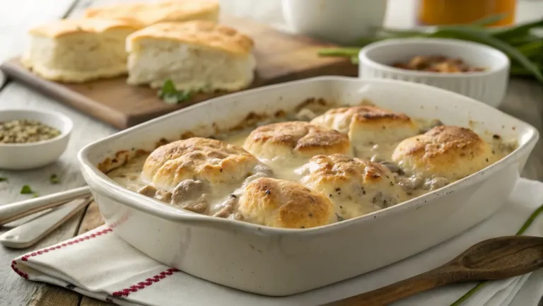 Biscuits and gravy casserole fresh from the oven in ceramic dish