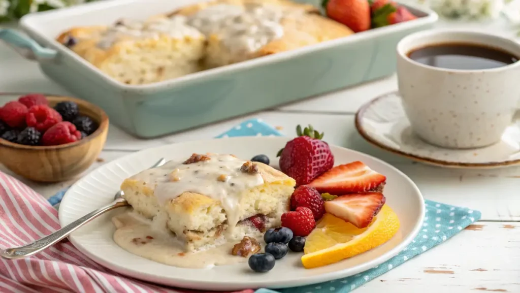 Plated biscuits and gravy casserole with fruit and coffee