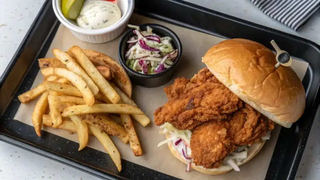 Buttermilk fried chicken sandwich with fries and slaw