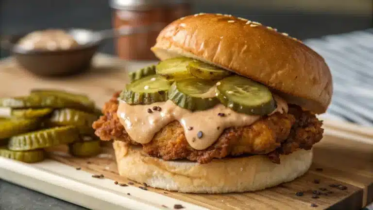 Buttermilk fried chicken sandwich with brioche and pickles