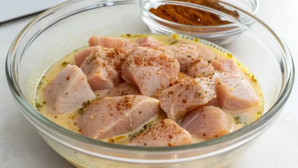 Chicken marinating in buttermilk with spices