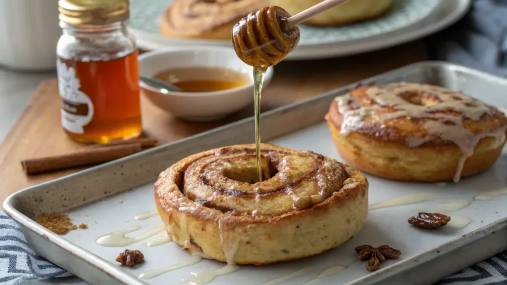 Cinnamon swirl French toast bagel with honey drizzle