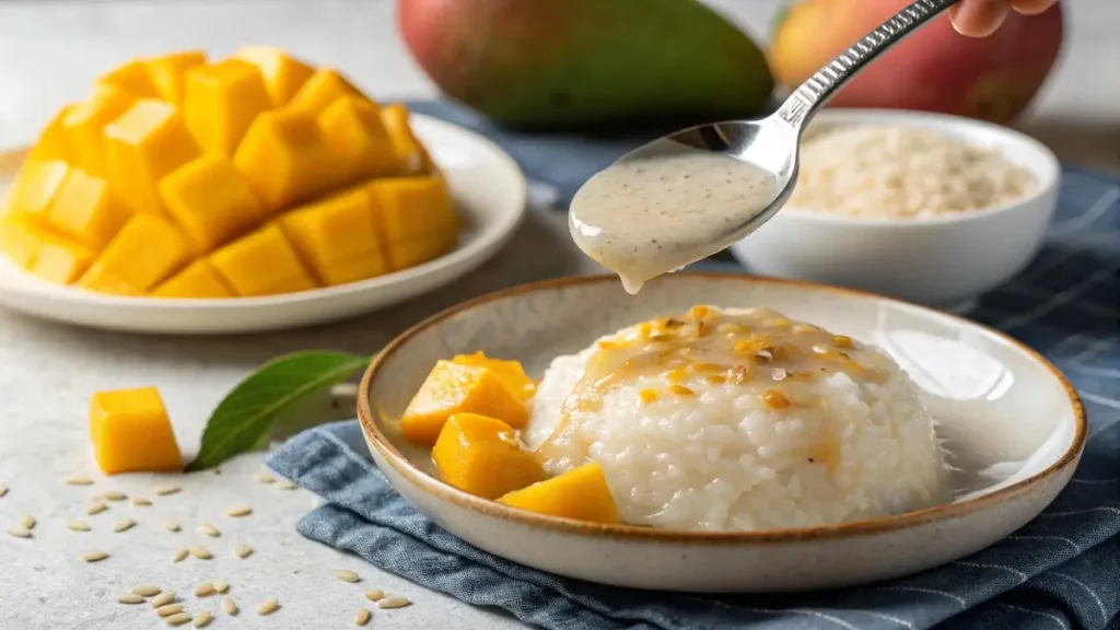 spooning coconut sauce over mango sticky rice