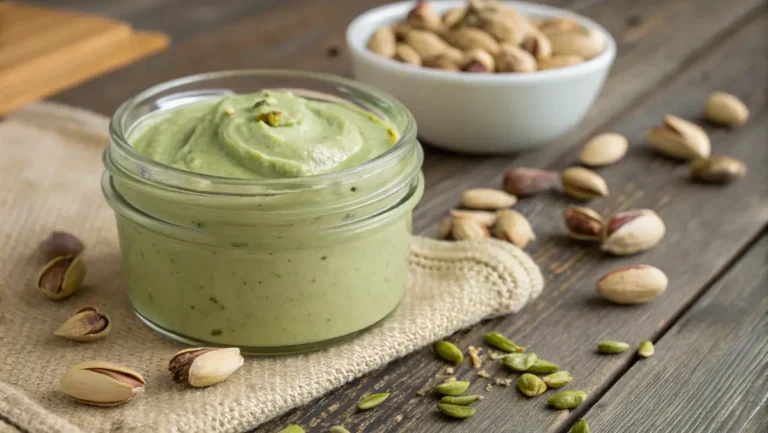 creamy pistachio butter in jar on wooden table