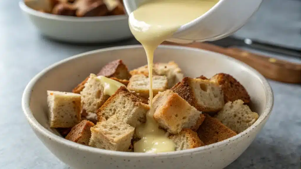 Custard being poured over sourdough cubes