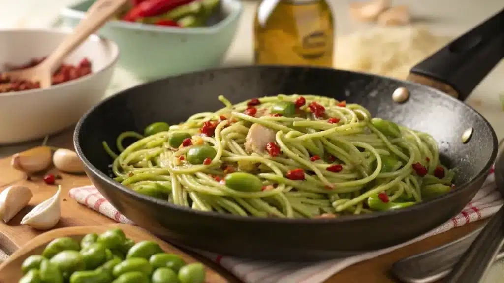 edamame spaghetti recipe cooking with garlic and olive oil