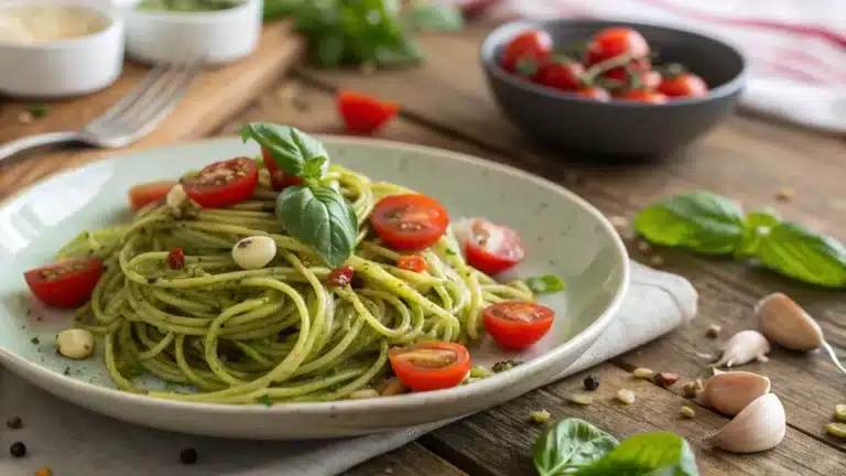 edamame spaghetti recipe with garlic, cherry tomatoes, and basil