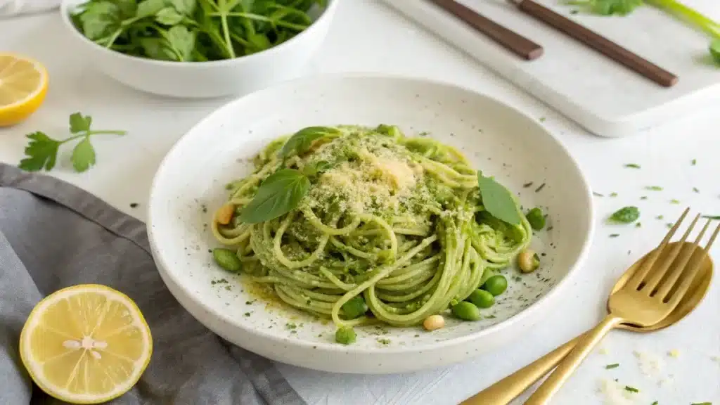 edamame spaghetti recipe with vegan parmesan and lemon