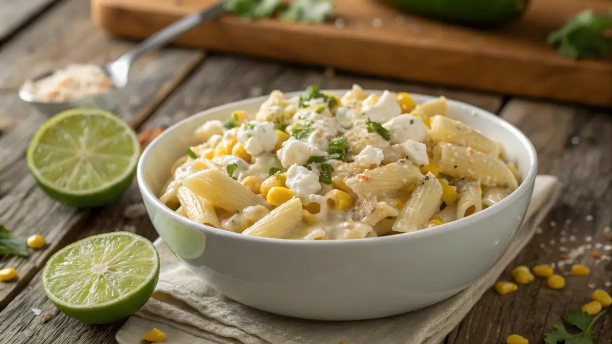 Elote pasta salad recipe served in a white bowl