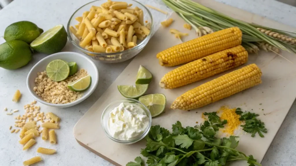 Elote pasta salad ingredients on kitchen counter