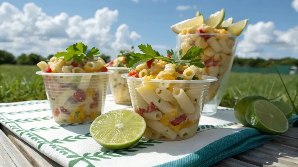 Elote pasta salad served in party cups