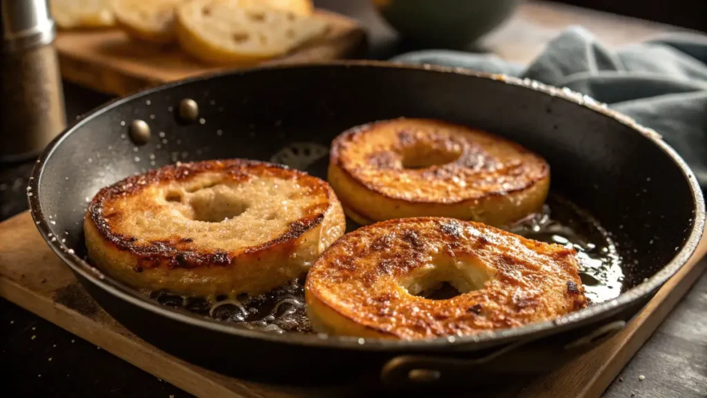 French toast bagel halves cooking in skillet